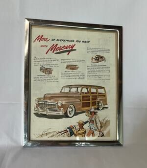 Vintage 1950s Mercury Station Wagon Ad Framed Chrome Silver Frame Wall Art